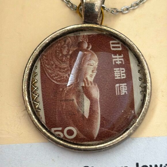 1952 Japan Stamp Pendant Necklace NWOT 22” Chain - Picture 1 of 5